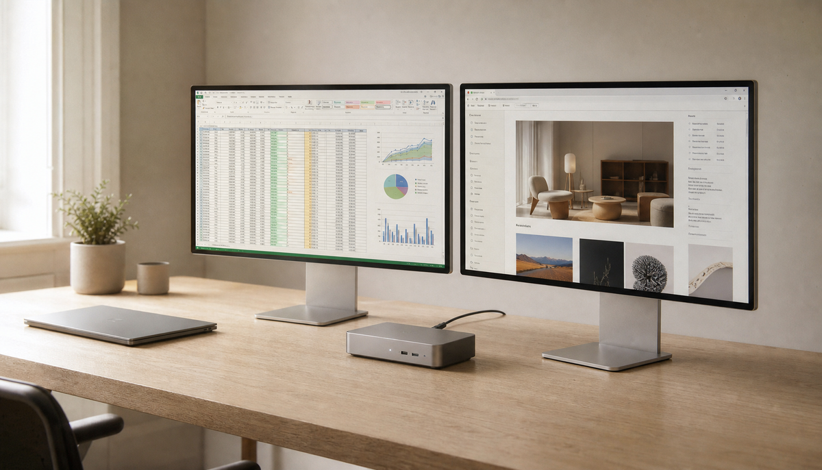 Dual 4K monitor setup on a clean desk connected to a laptop via a single Thunderbolt 4 dock