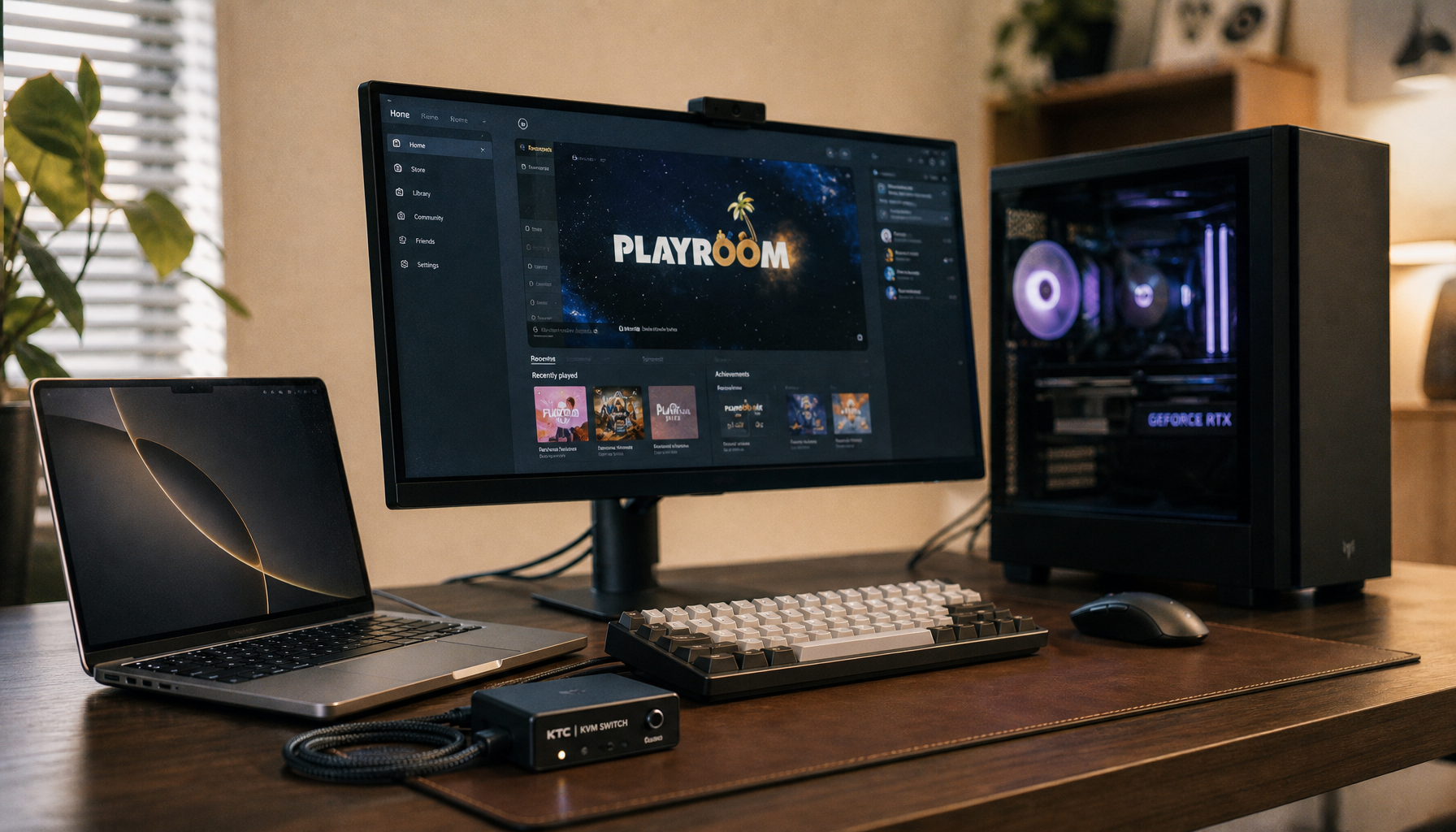 Dual-computer desk setup sharing one monitor via KVM switch, with a gaming desktop and work laptop side by side