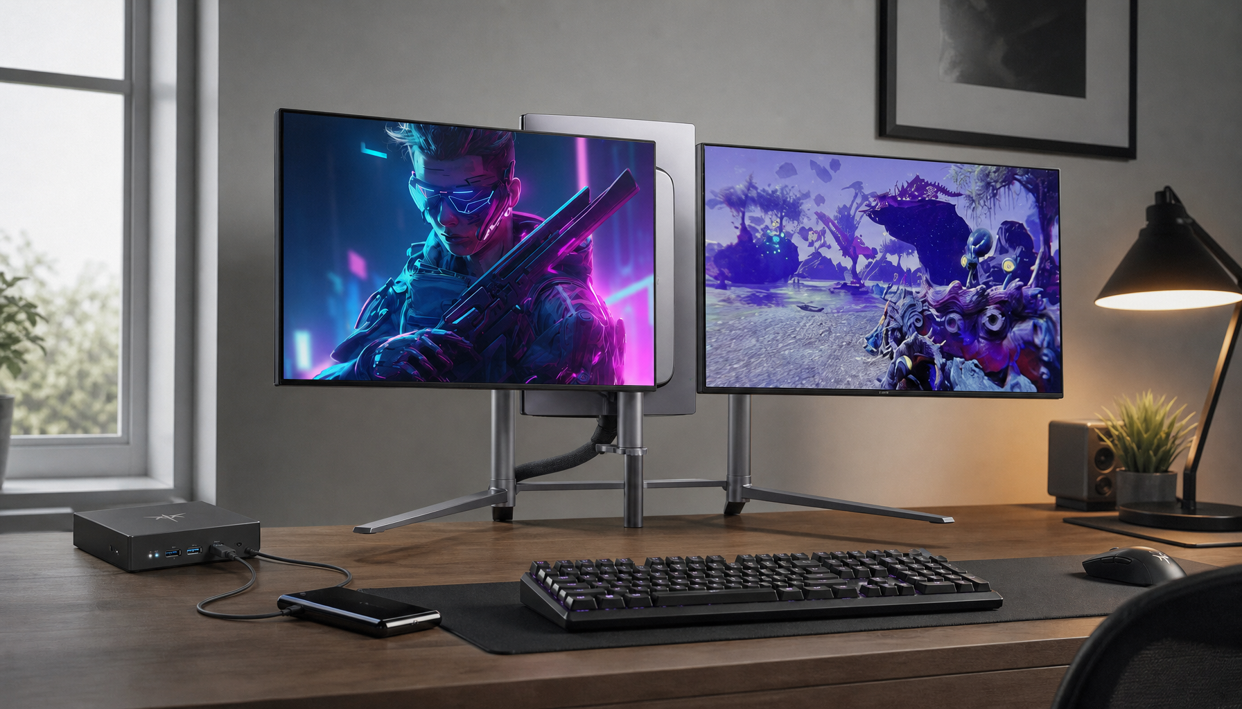 Dual-monitor KVM desk setup with an external hard drive connected through a KVM switch