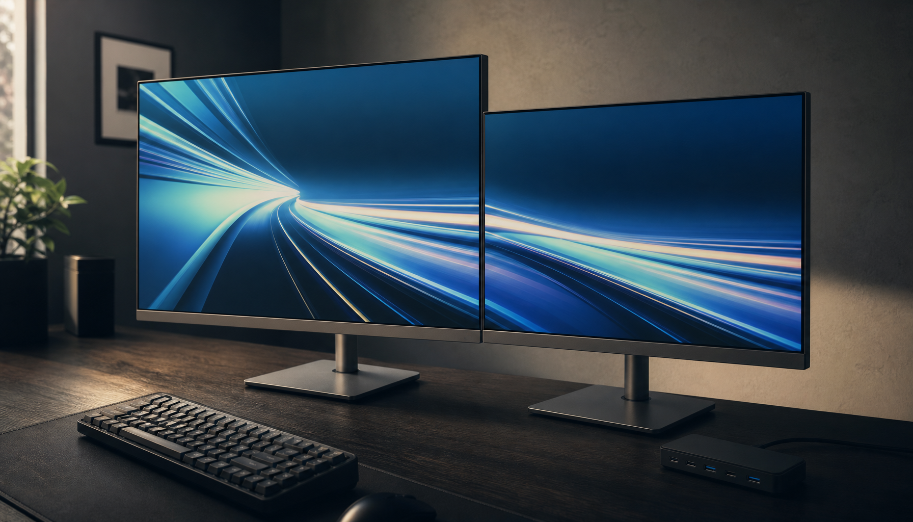 Dual monitor desk setup with two misaligned displays showing a continuous wallpaper across the seam