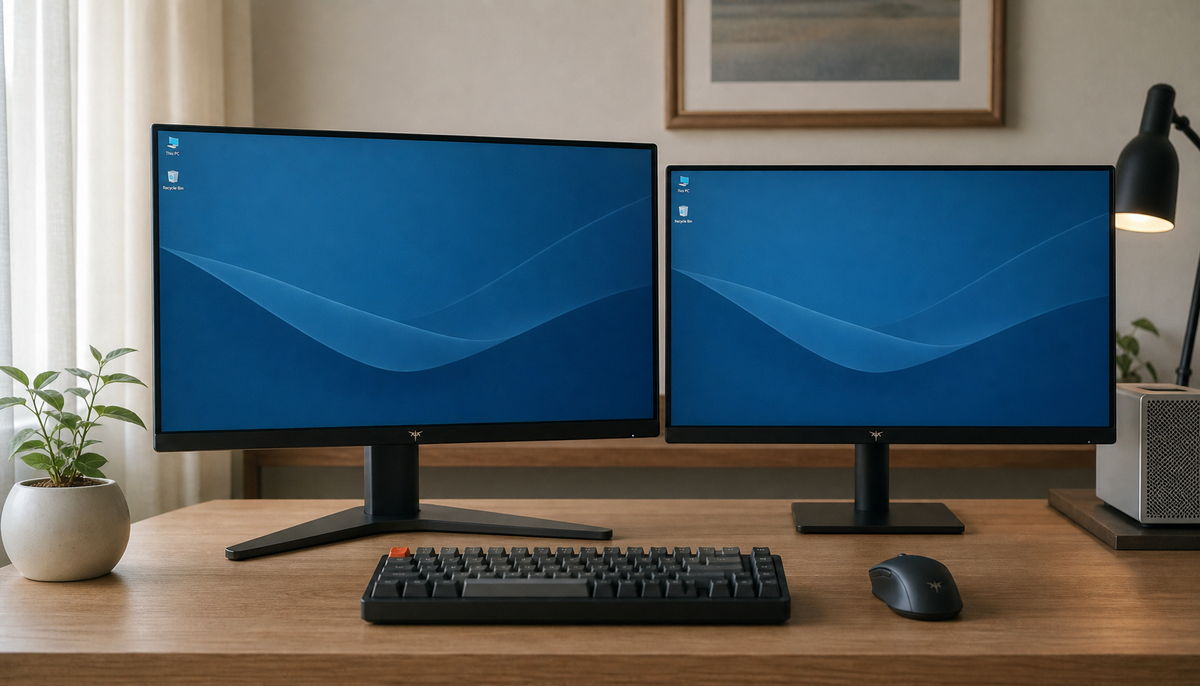Dual monitor desktop setup with icons in stable positions on the primary display