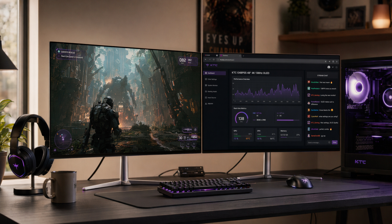 Dual monitor gaming desk setup showing GPU load comparison between multi-monitor and single high-resolution display configurations