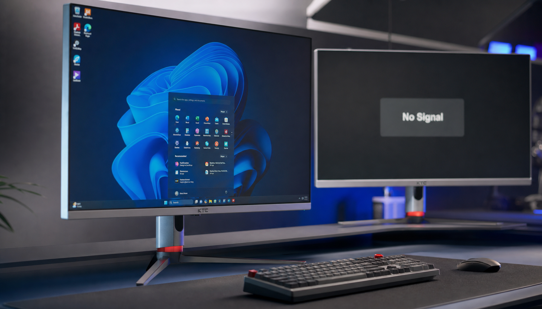 Dual monitor setup where one display shows a Windows desktop and the other shows a No Signal message after a graphics driver update