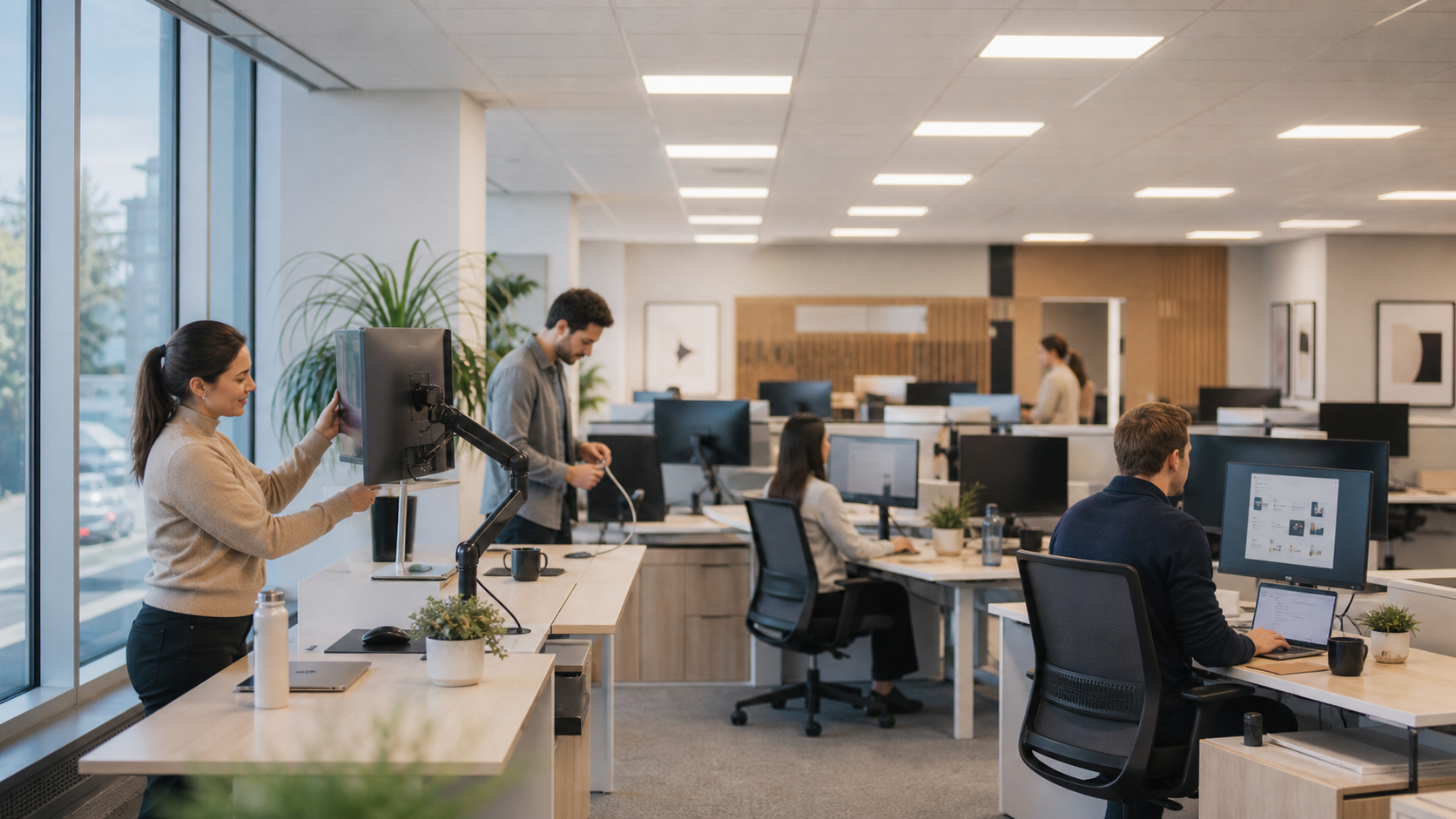 Employees sharing monitors at flexible hot-desk workstations in a modern open-plan office