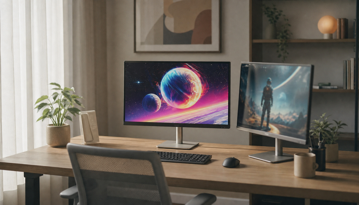 Ergonomic dual monitor desk setup with primary screen centered and secondary monitor angled inward to reduce neck rotation