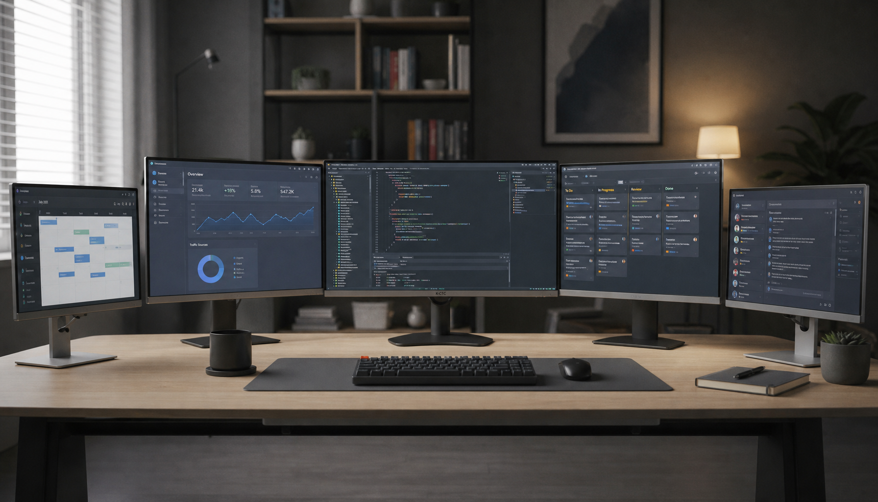 Five monitors arranged in a wide arc on a clean home office desk, each displaying different productivity windows