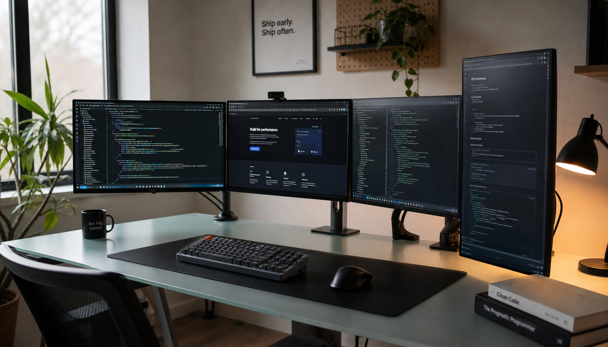 Four-monitor developer workstation with three landscape screens curved inward and one vertical display for terminal logs