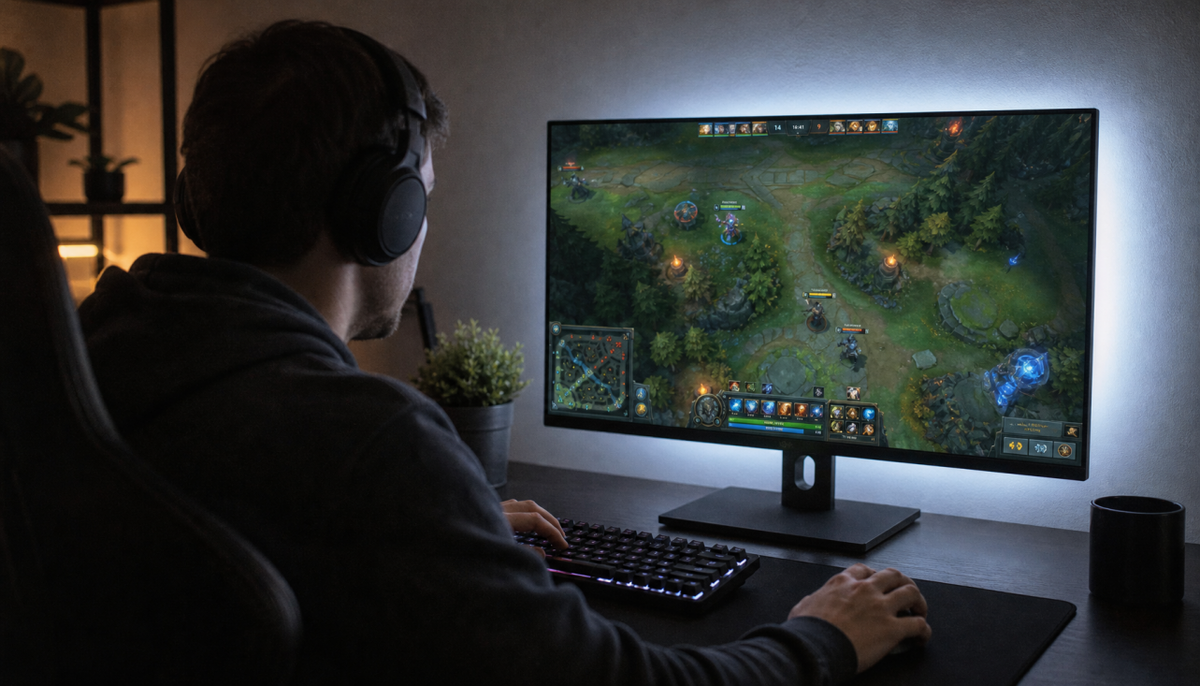 Gamer at a 27-inch gaming monitor in a dark battlestation, watching a top-down MOBA with minimap visible in the corner