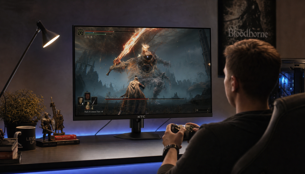 Gamer at a dark desk watching a boss fight on a gaming monitor, illustrating how display response time affects action RPG parry timing