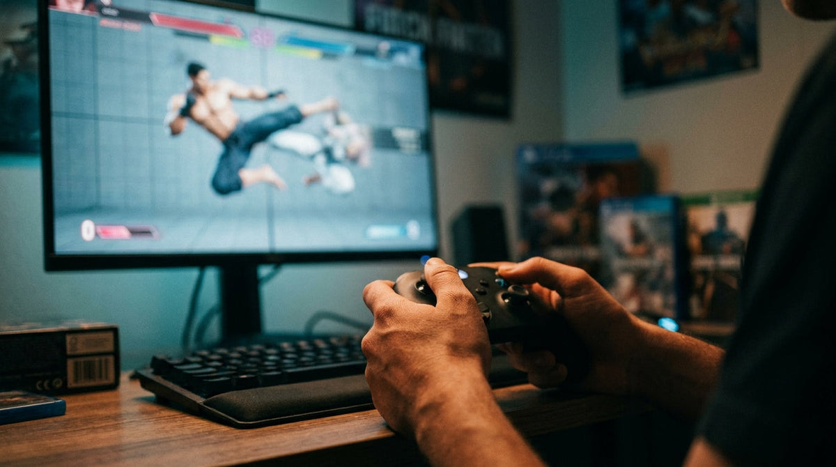 Gamer executing a combo input on a controller with a high-refresh-rate gaming monitor displaying a character action game scene