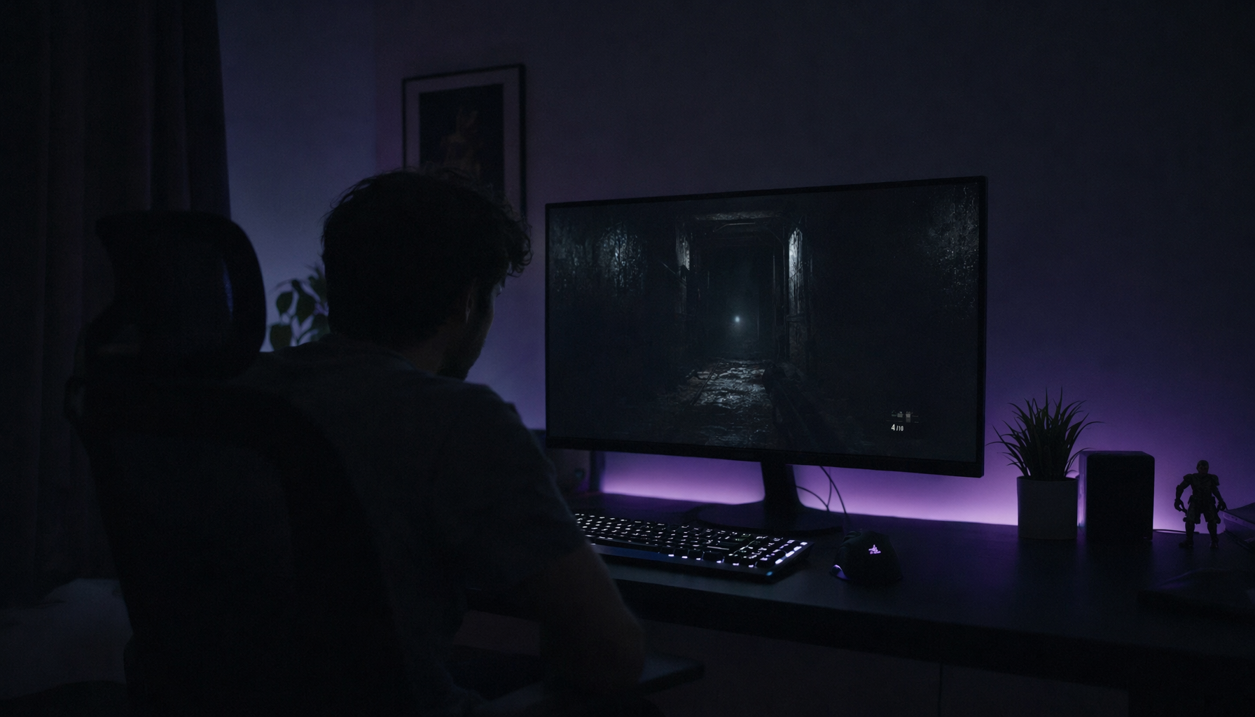 Gamer in a dark room watching a horror game on a monitor, surrounded by deep shadow and cold screen glow