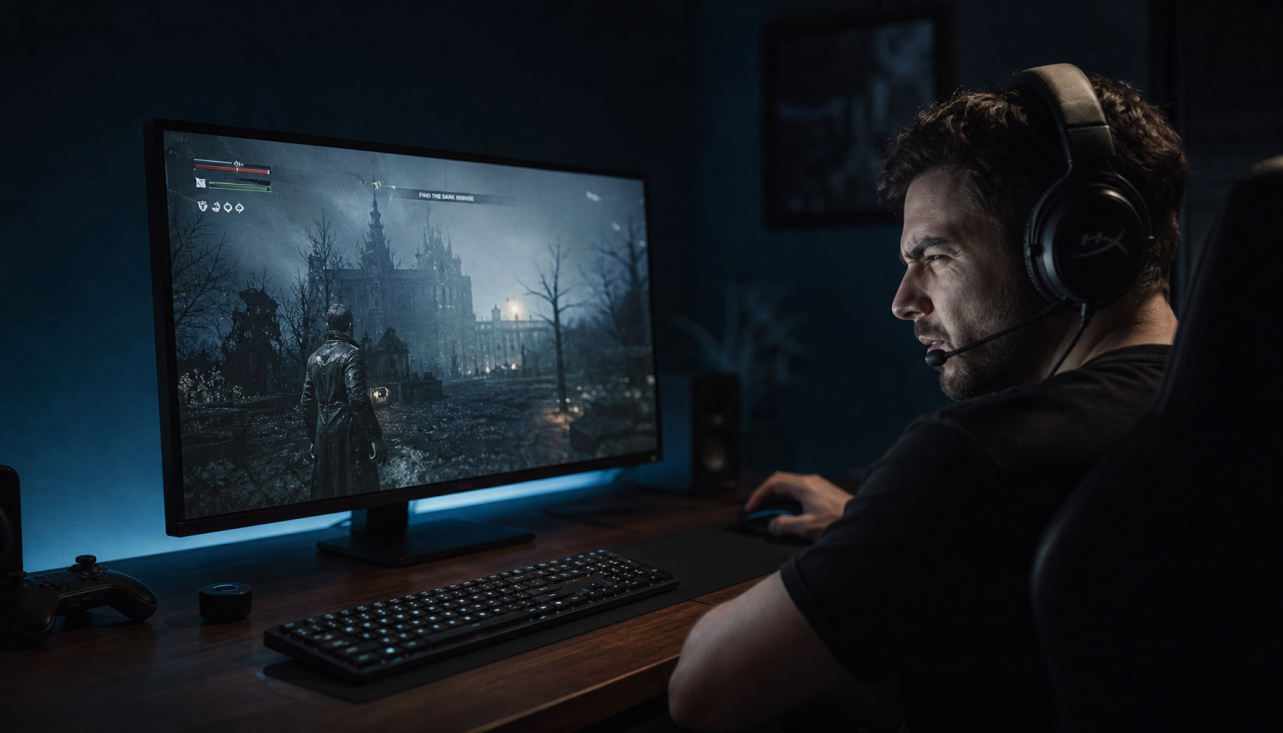 Gamer sitting off-center from a large gaming monitor, illustrating how viewing angle affects perceived screen sharpness
