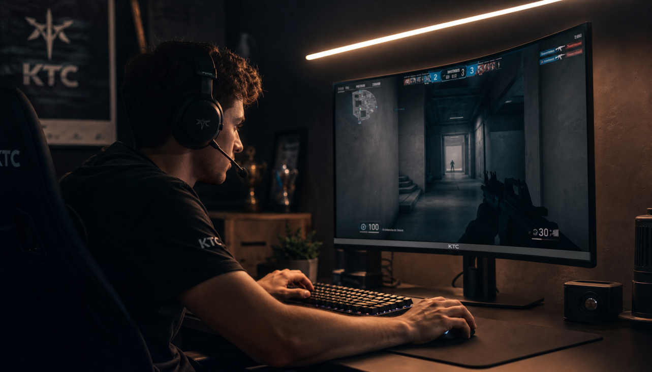 Gamer using a KTC curved 2K gaming monitor to aim at distant targets in a tactical shooter