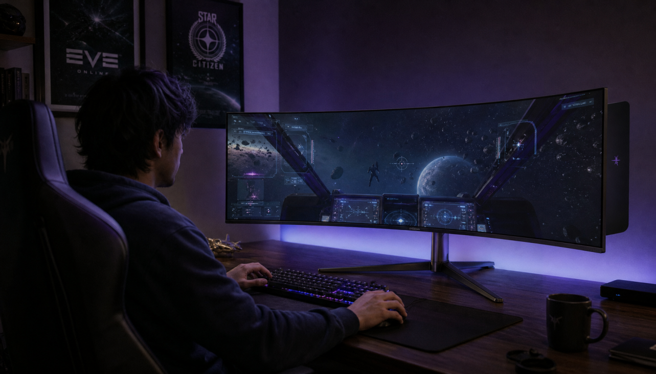 Gamer using a curved ultrawide monitor in a dark gaming setup with immersive cockpit game on screen