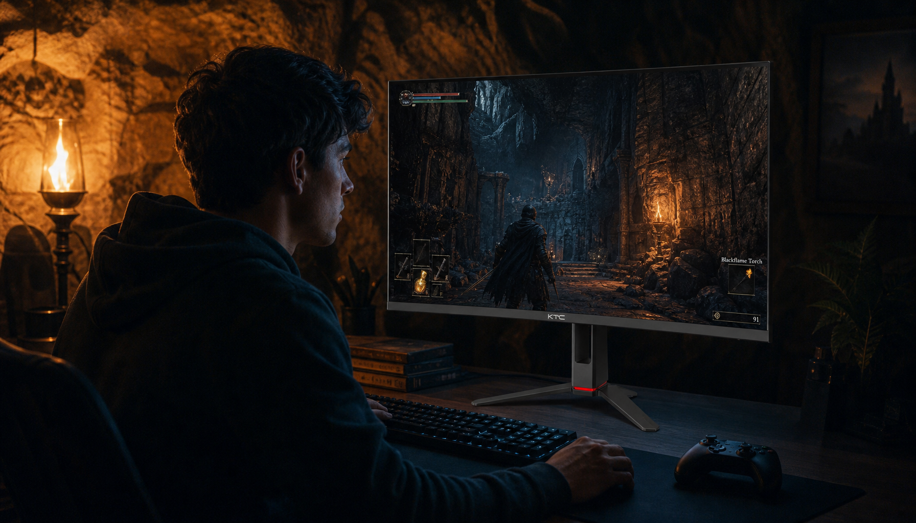Gamer watching a dark cave scene on a gaming monitor as their eyes adapt from the initial bright entry to full shadow detail visibility