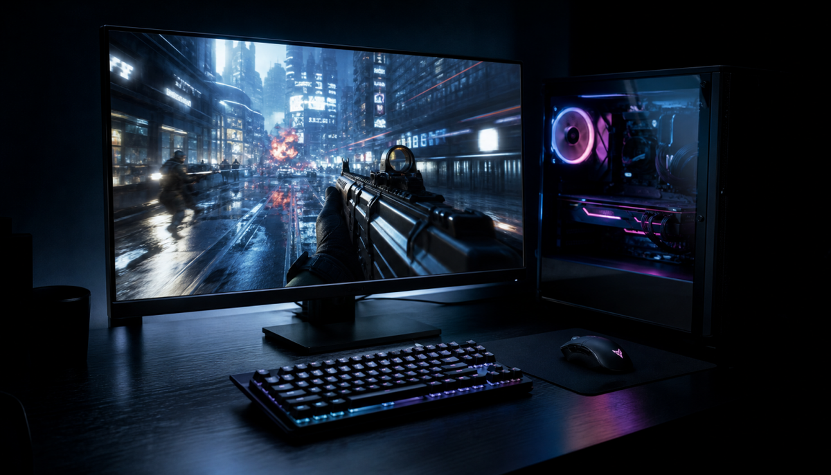 Gaming PC setup with 240Hz monitor showing how GPU power drives high refresh rate 1080p gaming