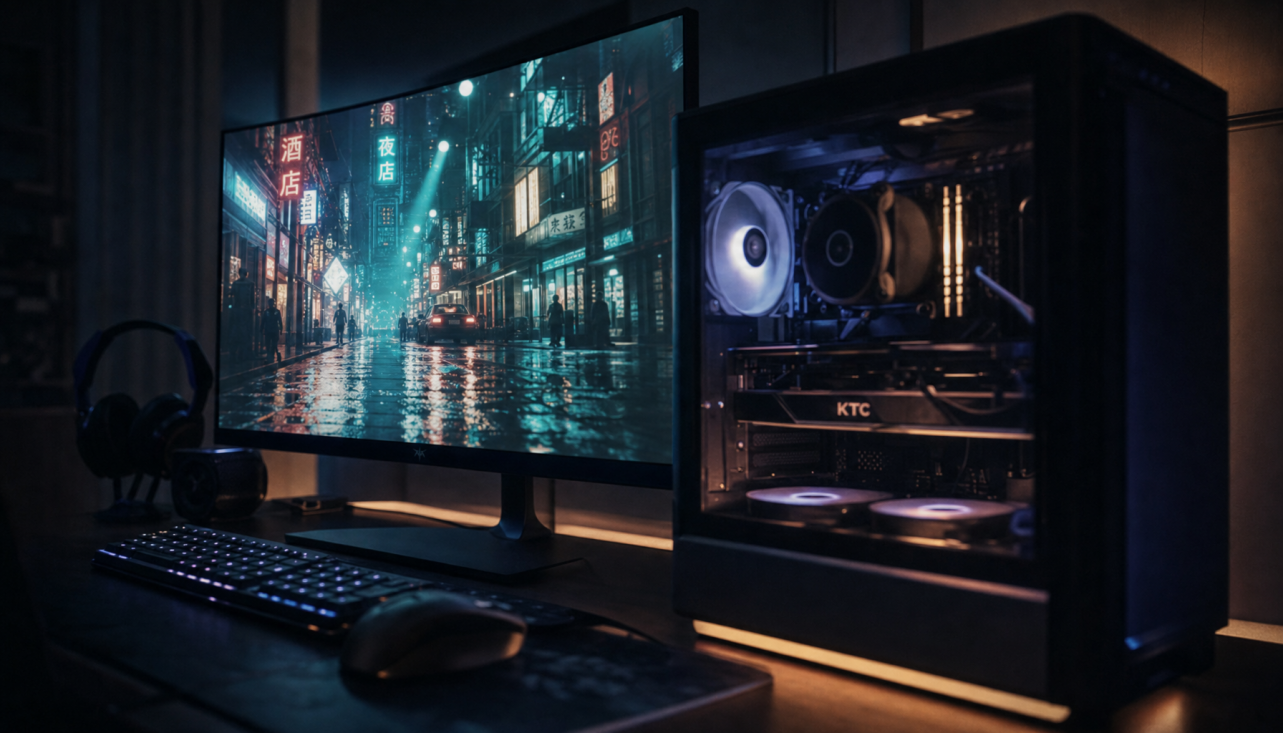 Gaming PC with ray tracing enabled on a monitor showing reflective wet street scene