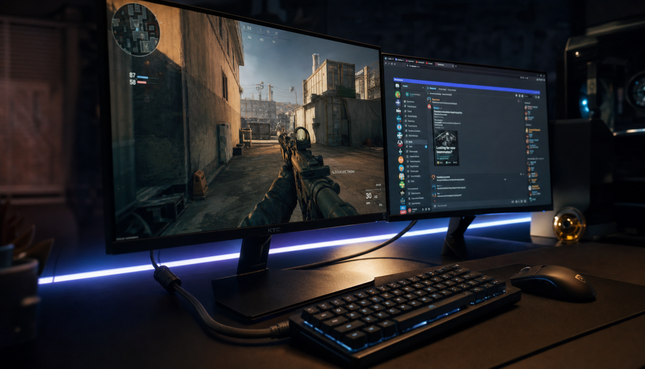 Gaming battlestation with two monitors connected via DisplayPort, showing how daisy-chain setups can affect input lag compared to direct GPU connections