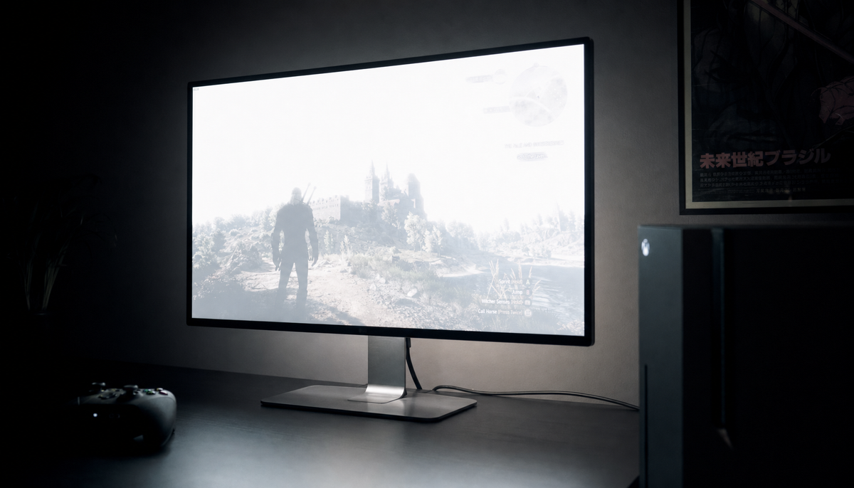 Gaming console and monitor on a dark desk displaying an over-bright washed-out HDR scene with crushed shadows
