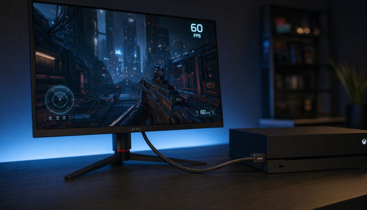 Gaming console connected to a monitor via HDMI showing a refresh-rate limitation when VRR is enabled