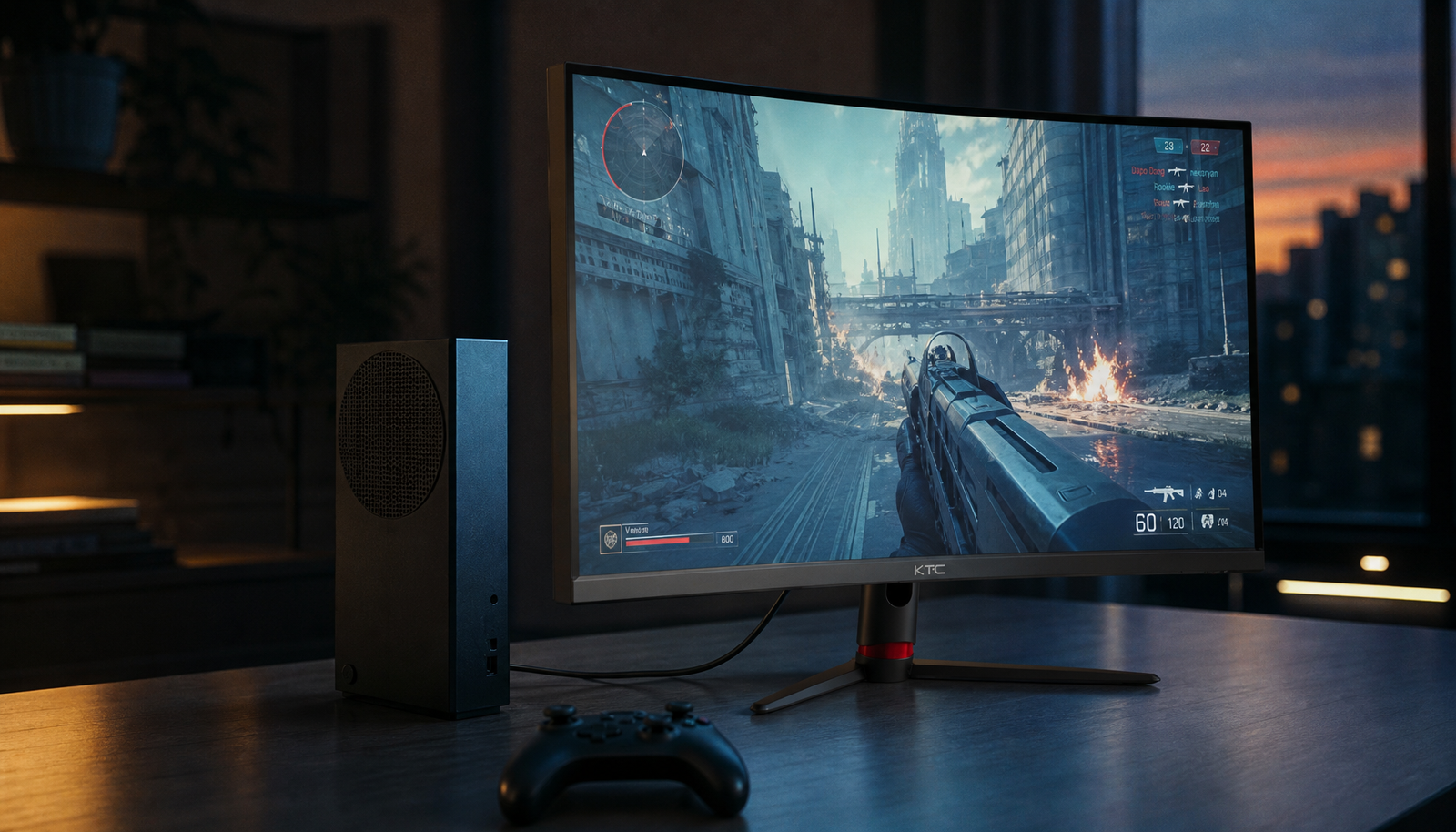 Gaming console connected to a smart display speaker setup on a clean desk, illustrating a typical console audio chain