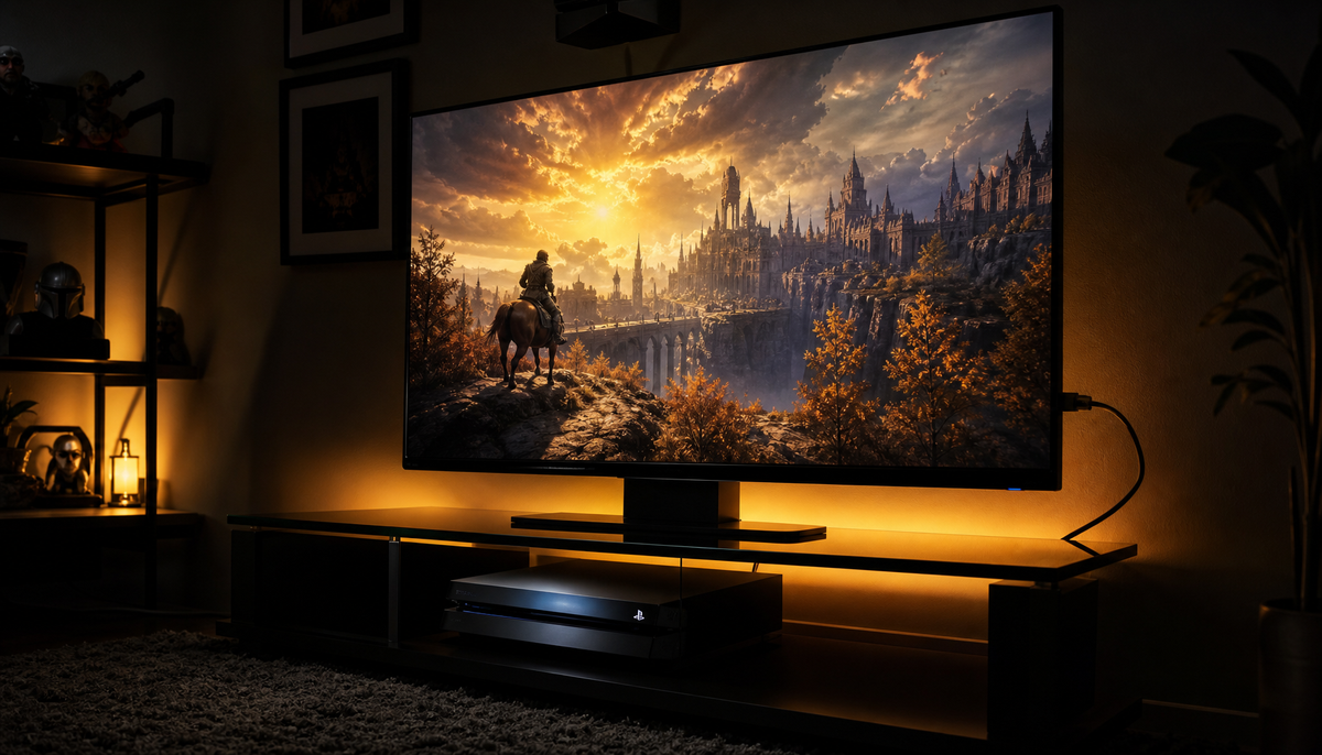 Gaming console connected via HDMI to a monitor showing vivid HDR content in a dark gaming room with RGB accent lighting