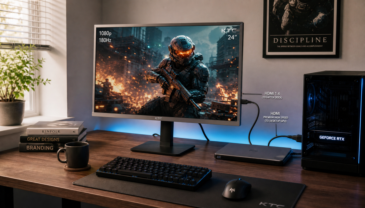 Gaming desk setup showing HDMI cable connected to a 1080p 144Hz monitor alongside a laptop dock, illustrating the HDMI 1.4 versus HDMI 2.0 choice