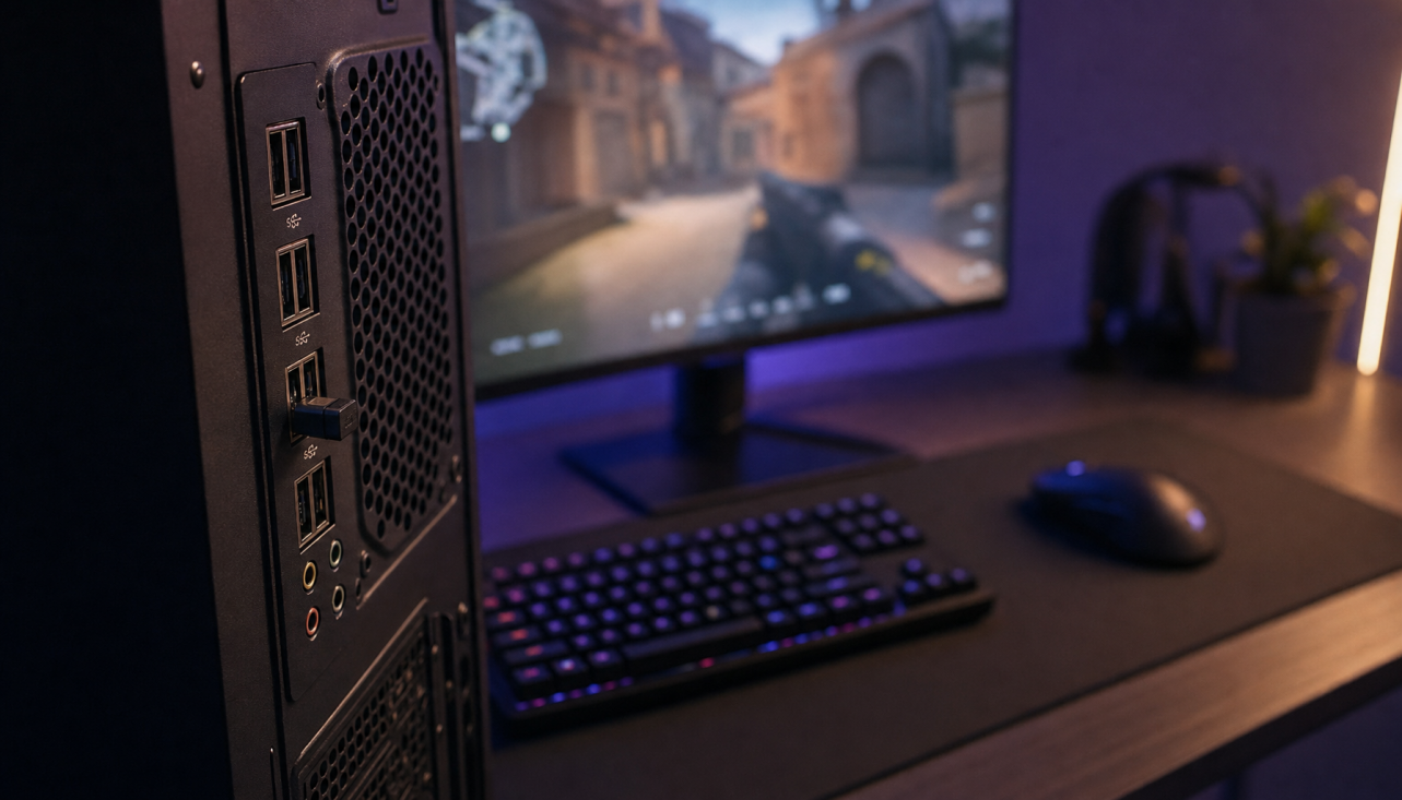 Gaming desk setup showing monitor, keyboard, and mouse with USB receiver connected to rear PC port