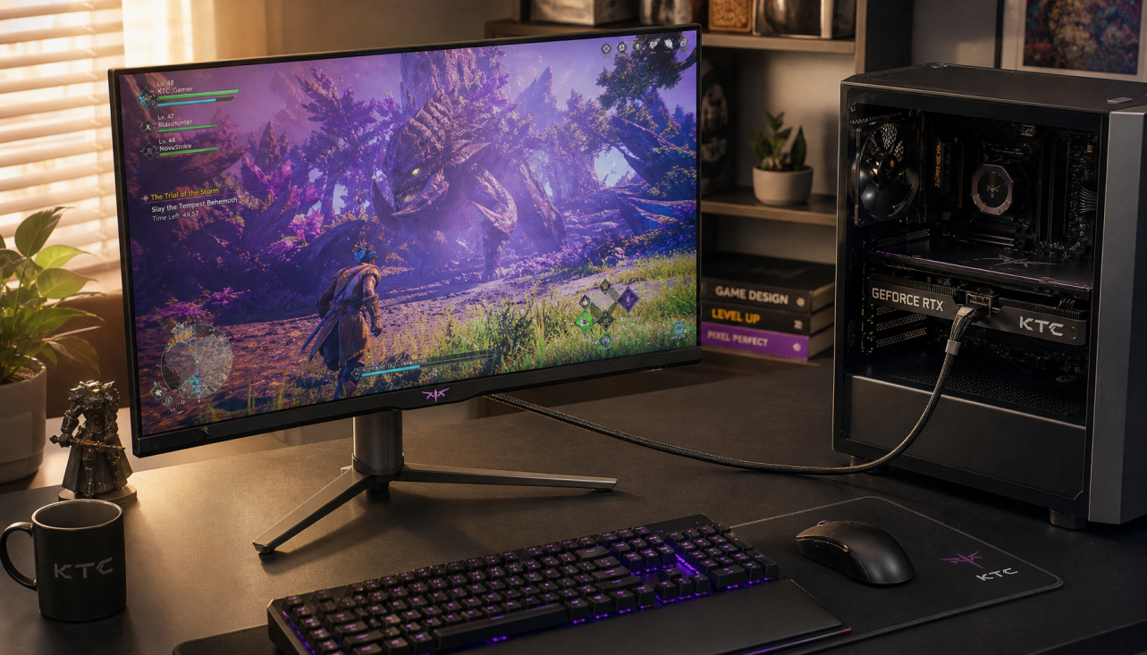 Gaming desk setup with a DisplayPort cable connecting a monitor to a PC, illustrating cable choice for DisplayPort 2.0