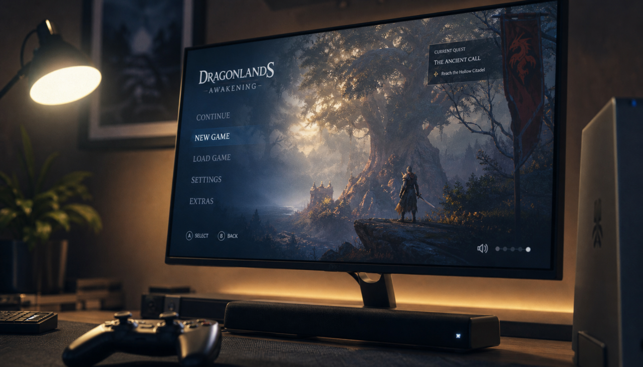 Gaming desk setup with console, 120Hz monitor, and soundbar illustrating audio sync challenges at high refresh rates