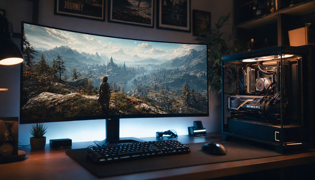 Gaming desktop setup with a high-resolution ultrawide monitor and discrete GPU inside a glass case, showing the hardware behind demanding resolutions