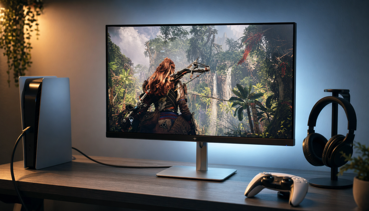 Gaming monitor and console connected via HDMI for console VRR setup on a clean gaming desk