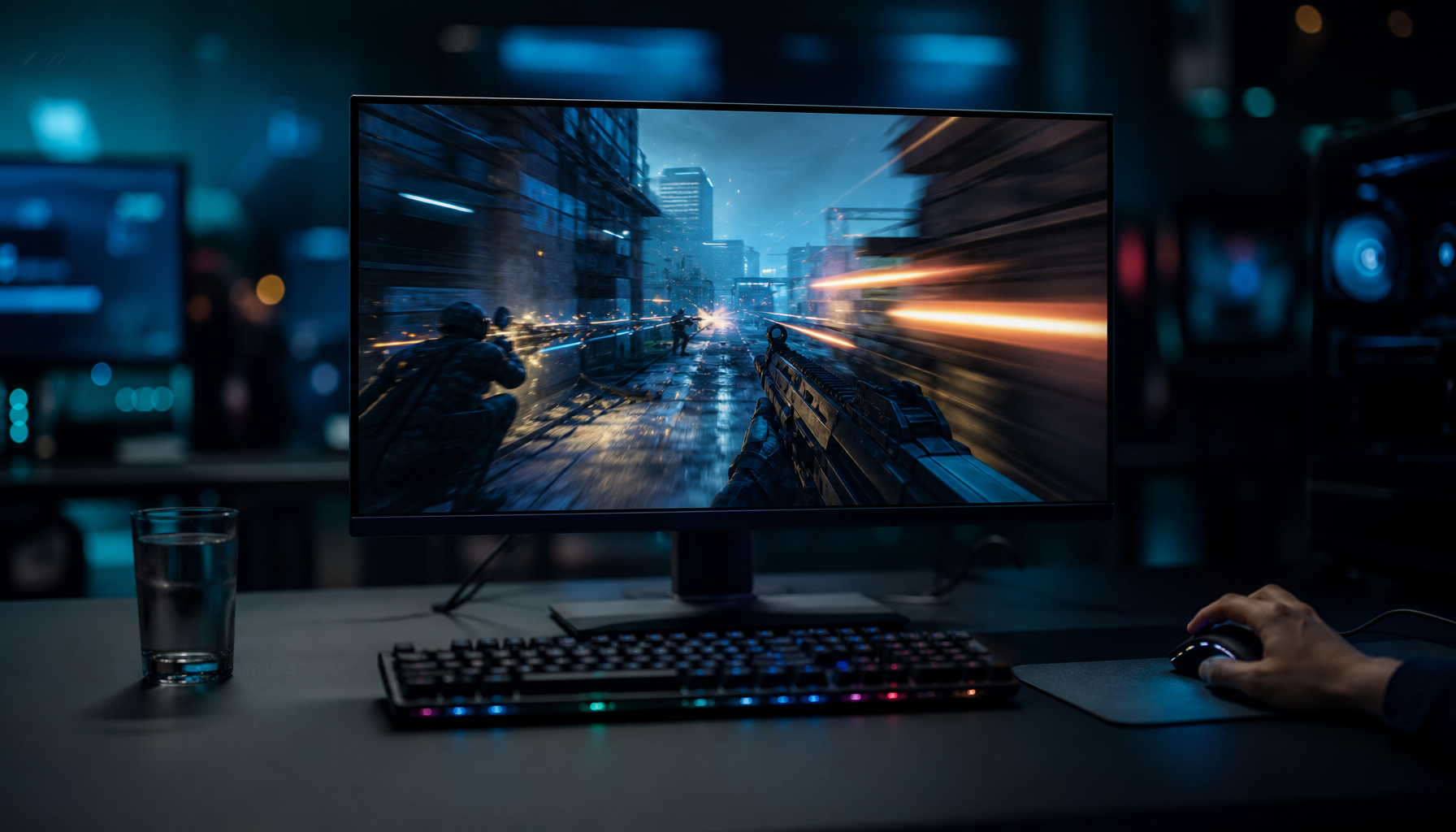 Gaming monitor at a competitive esports battlestation displaying a fast-paced shooter, illustrating 480Hz high refresh rate gaming setup