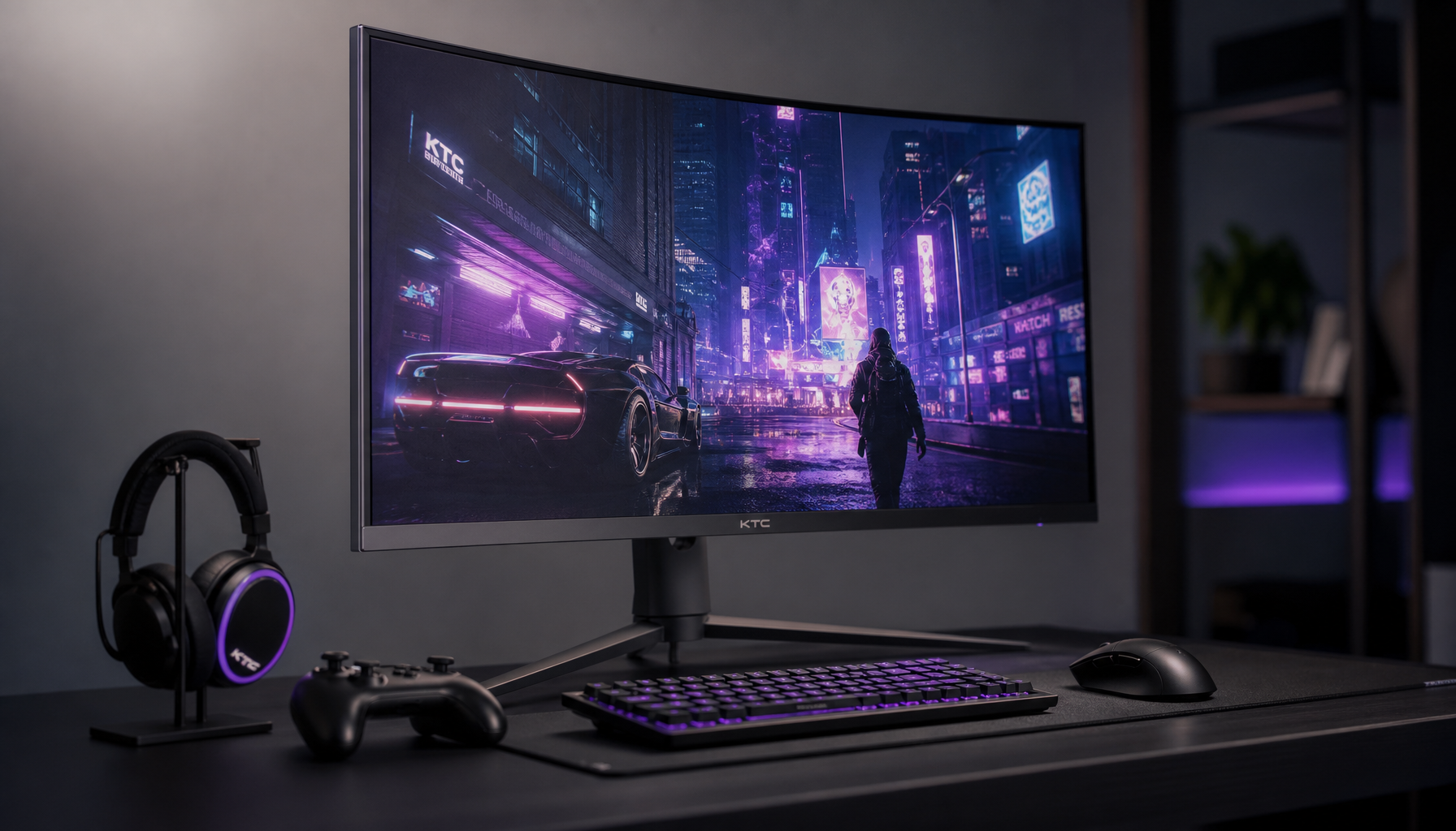 Gaming monitor at a desk showing visible pixel grid up close and sharp display at normal viewing distance