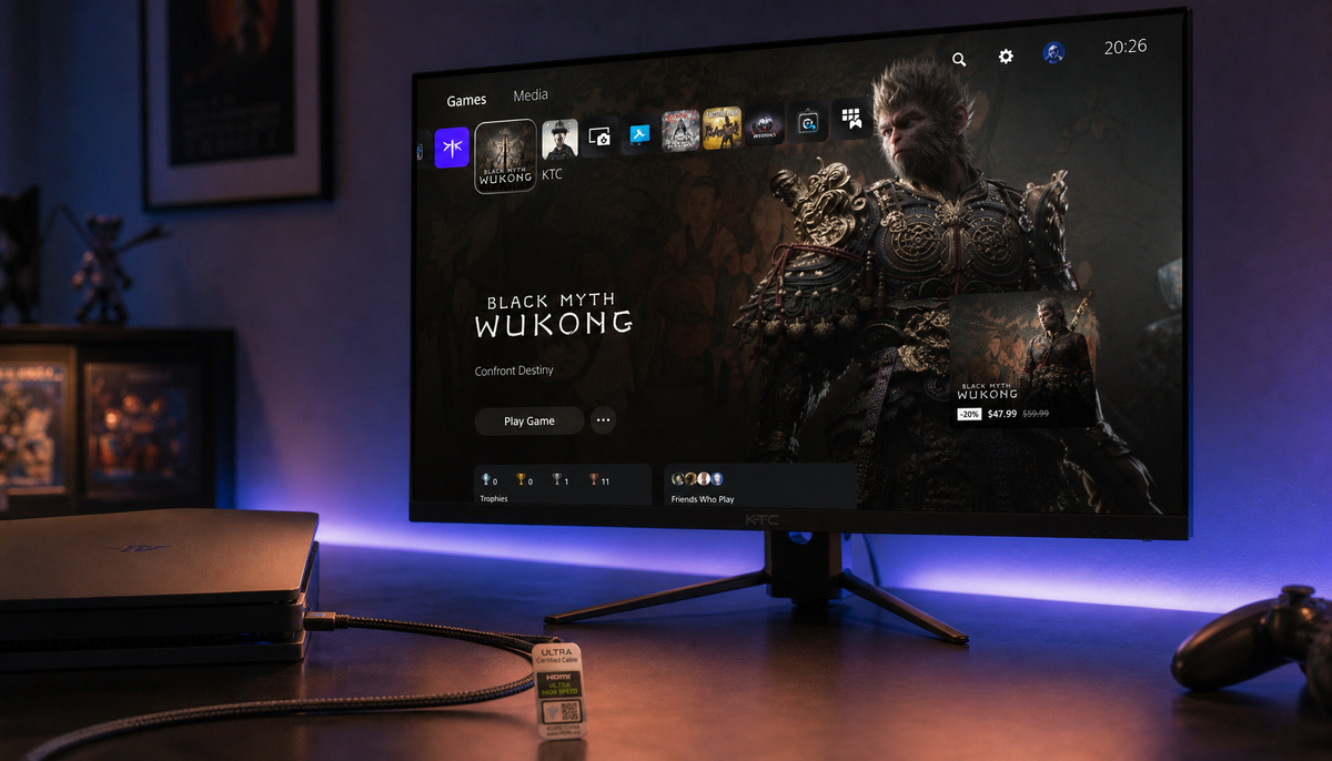 Gaming monitor connected to a console via HDMI 2.1 cable in a dark gaming room setup