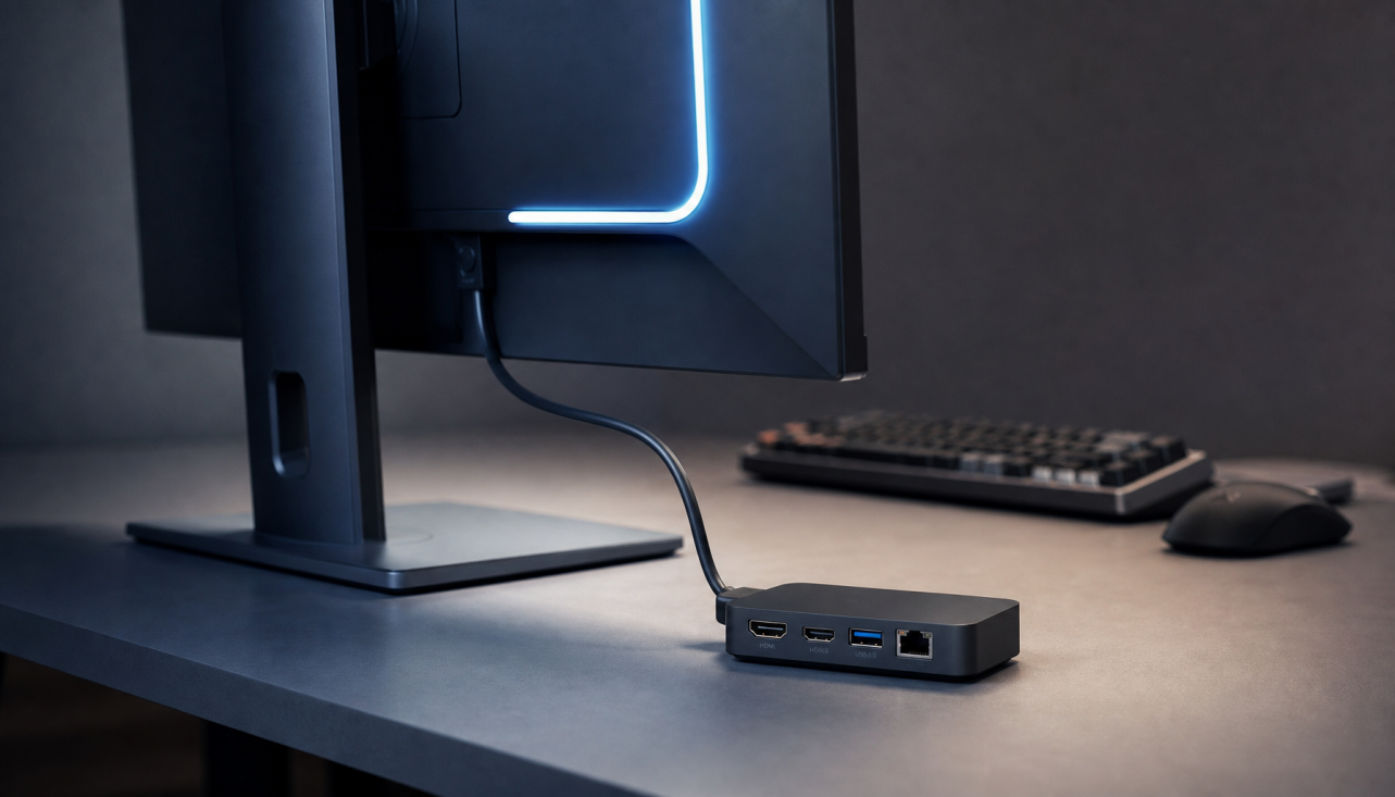 Gaming monitor connected to a docking station via USB-C cable on a minimal desk setup