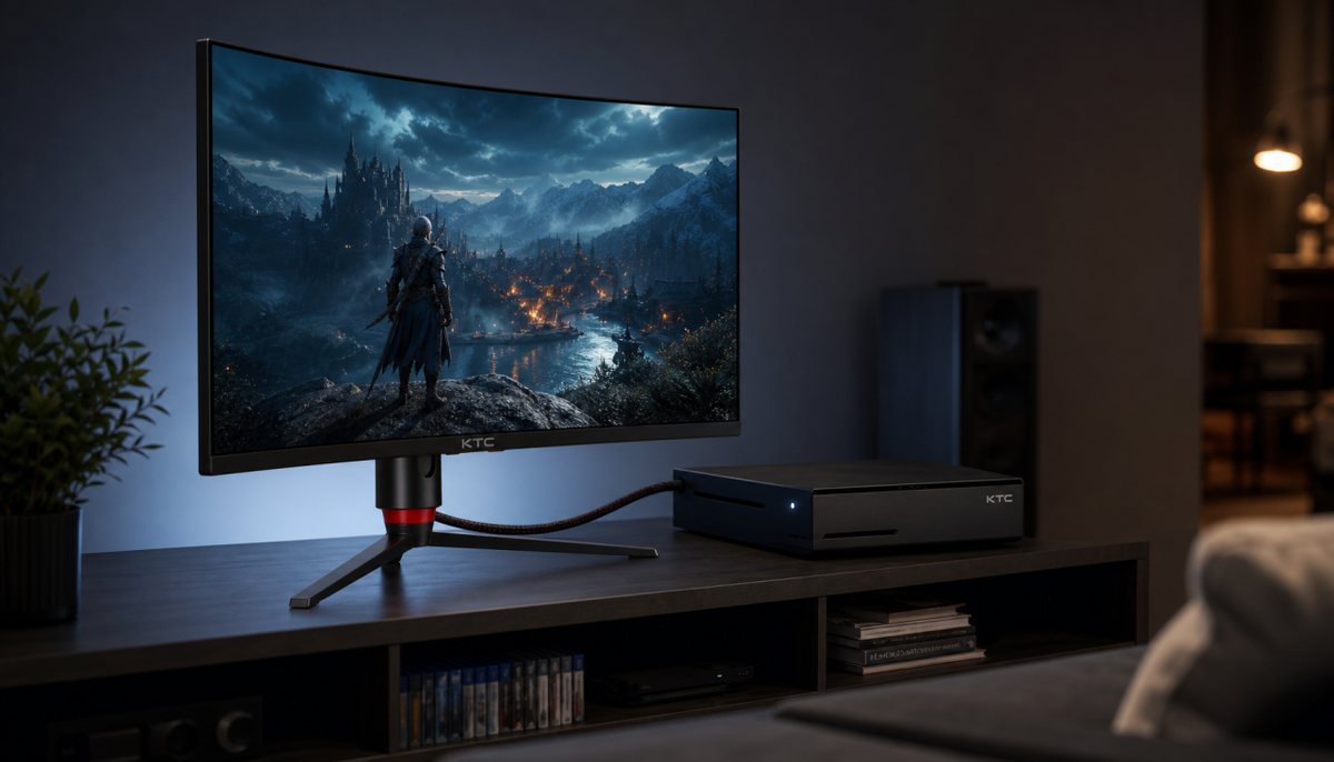 Gaming monitor connected to a game console via HDMI cable in a living room setup, representing the 120Hz no signal troubleshooting scenario