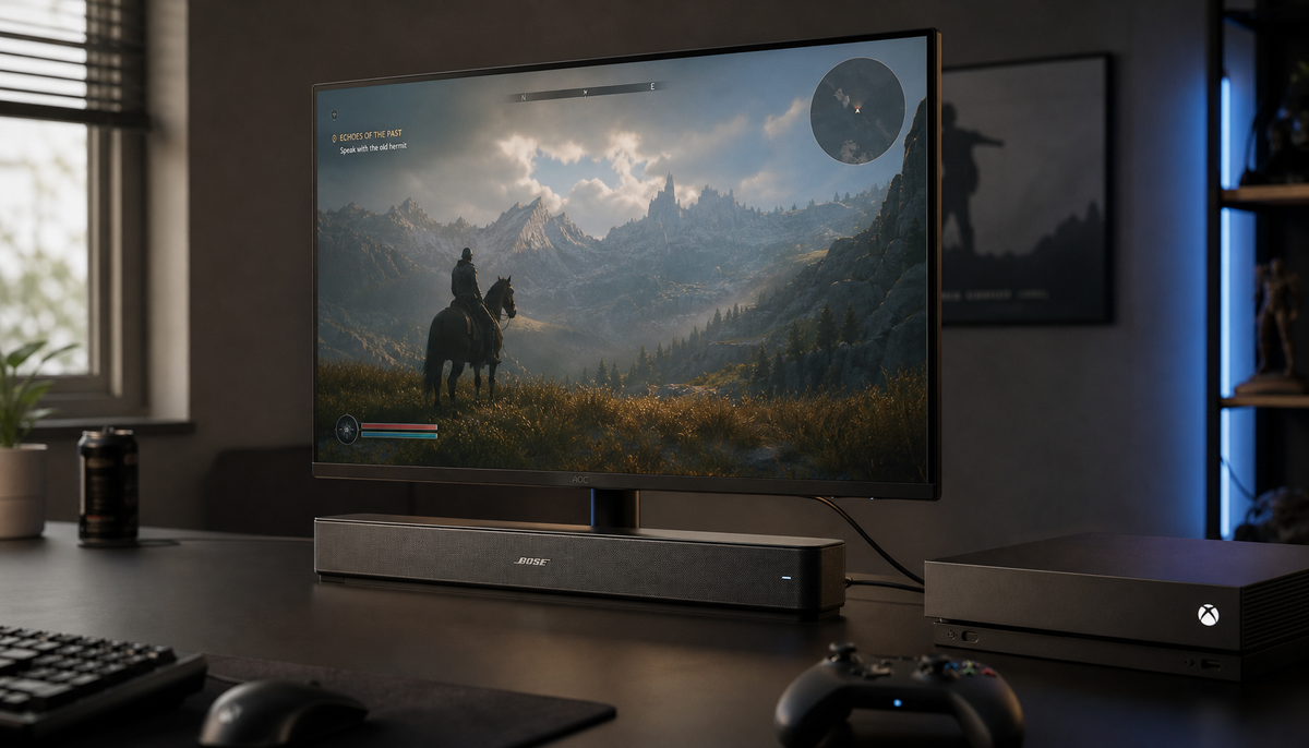 Gaming monitor connected to a soundbar and game console via HDMI on a clean desk setup
