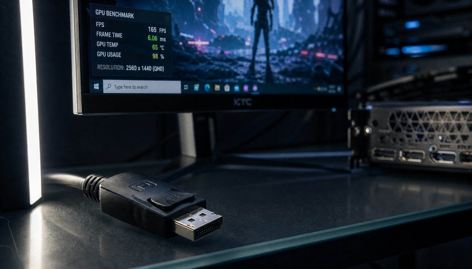 Gaming monitor connected via DisplayPort cable showing 165Hz refresh rate at 1440p resolution