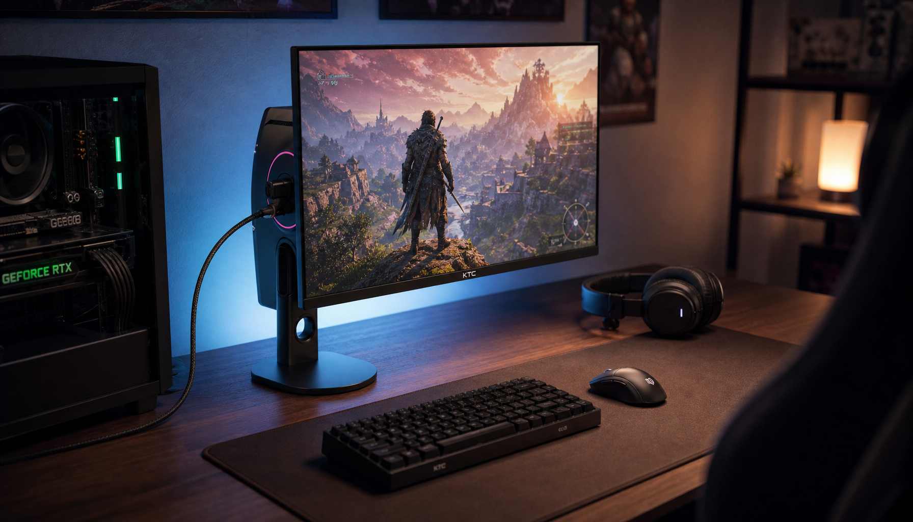 Gaming monitor connected via HDMI cable with a headset unplugged on the desk, illustrating HDMI audio dropout when switching refresh rates