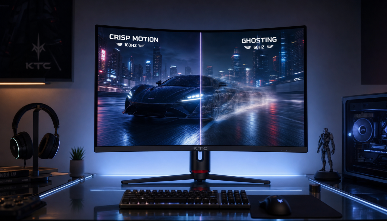 Gaming monitor displaying HDR content in a dark room, illustrating the tradeoff between vivid highlights and motion clarity