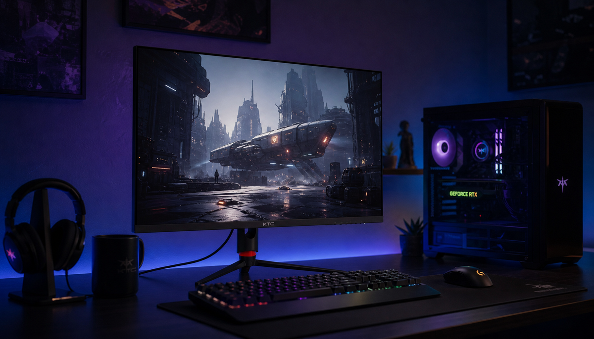 Gaming monitor displaying HDR content over DisplayPort 1.4 connection with vivid colors and deep contrast