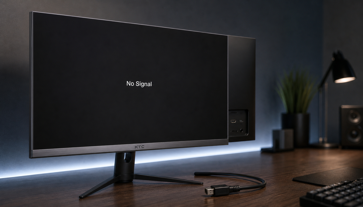 Gaming monitor displaying a No Signal screen with a disconnected cable resting on the desk beside it