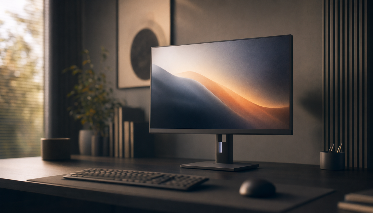 Gaming monitor displaying a calm wallpaper at comfortable mid-brightness on a dark desk in a softly lit room