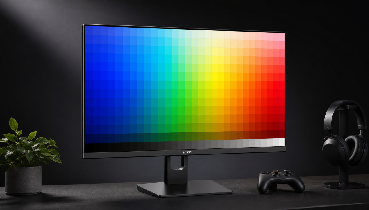 Gaming monitor displaying a color profile calibration test chart with accurate color rendering
