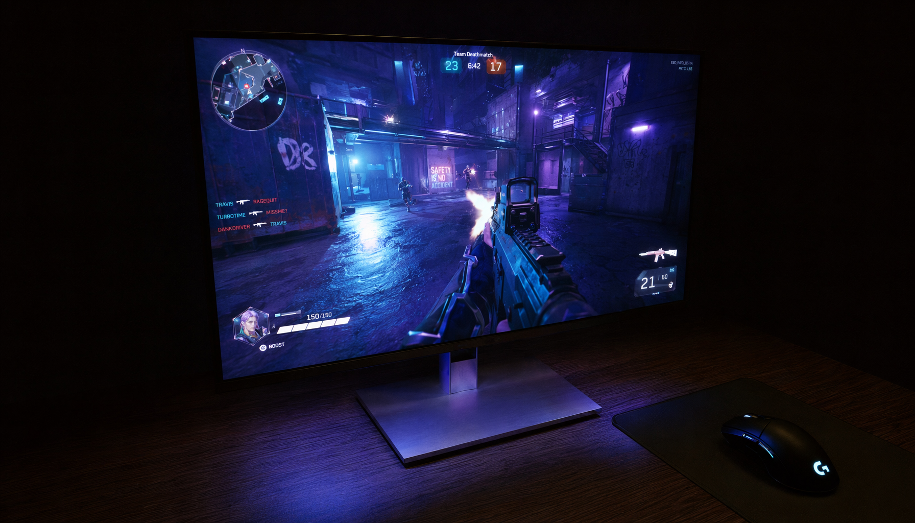 Gaming monitor displaying a competitive FPS game, glowing in a dark room with a gaming mouse on a desk