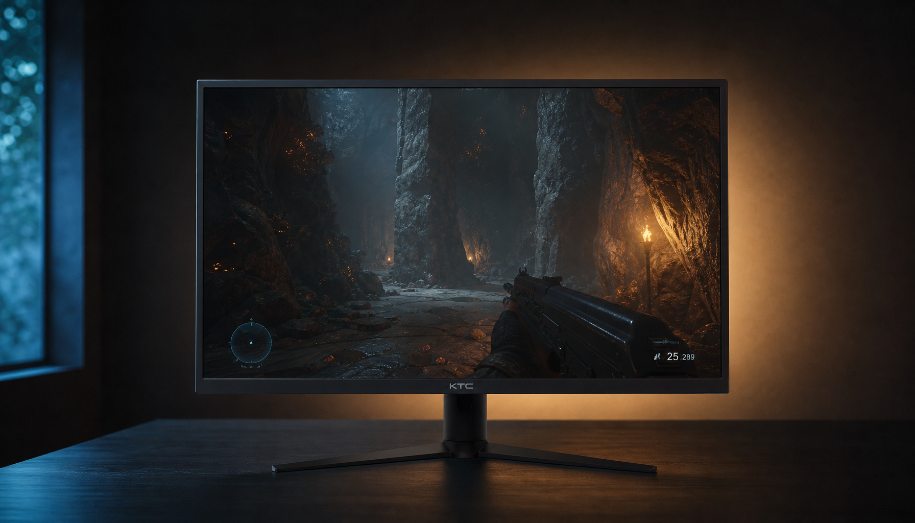 Gaming monitor displaying a dark cave scene in a dim room, showing how black levels appear at lower brightness with warm bias lighting on the wall