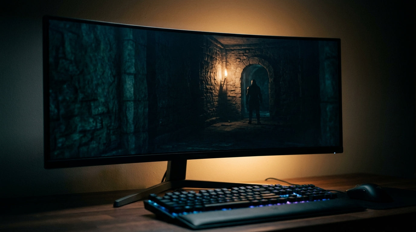 Gaming monitor displaying a dark cave scene with visible shadow layers and depth, showing how a quality display reveals detail in near-black tones