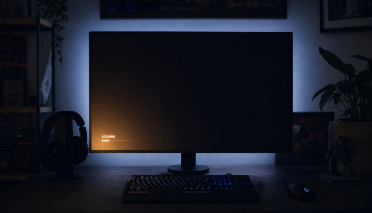 Gaming monitor displaying a dark loading screen with visible backlight bleed glowing in the lower-left corner