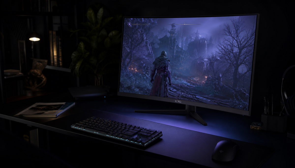 Gaming monitor displaying a dark scene in a dim room, illustrating the effect of display power-saving features on black level consistency